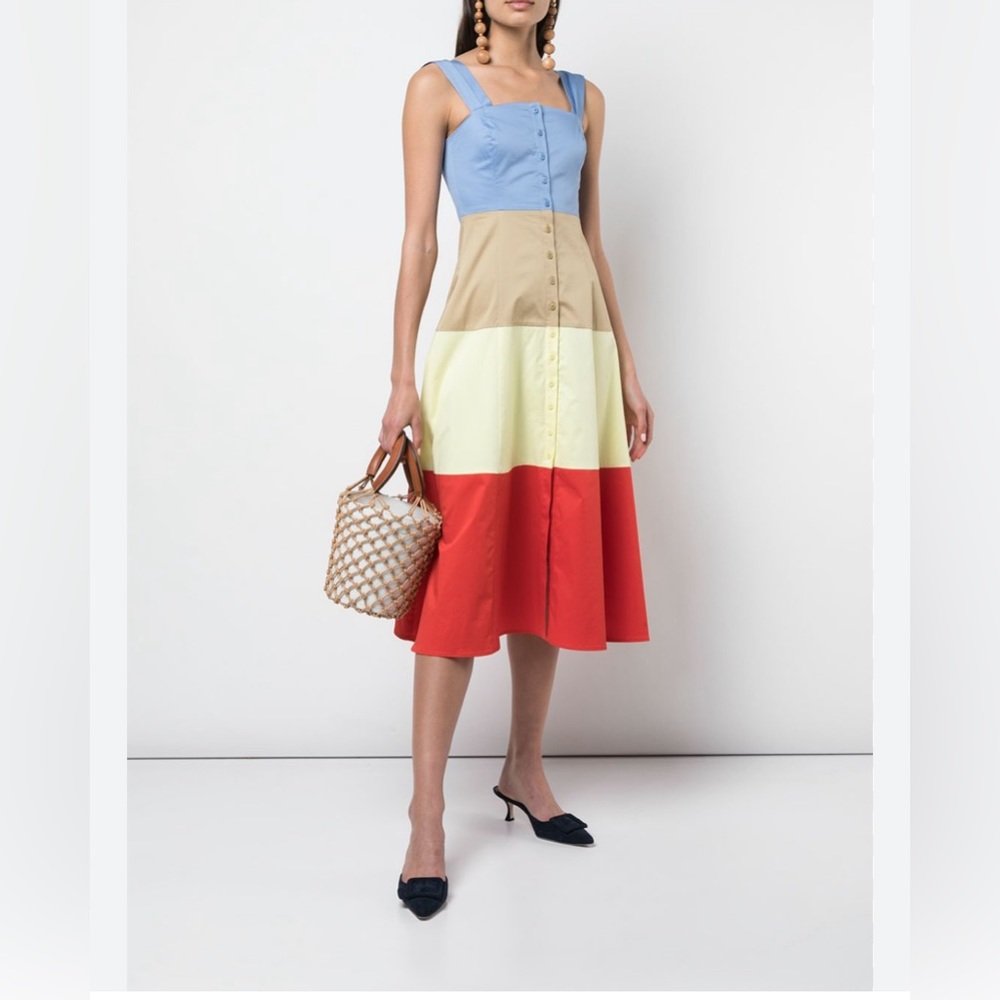 STAUD Colorblock Midi Dress in Blue, Tan, Cream, Red - Picture 4 of 13